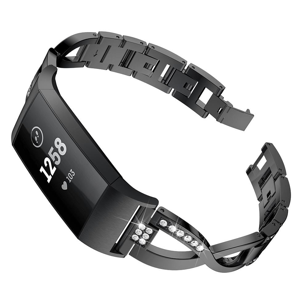 X-shaped Diamond-studded Metal Steel Wrist Strap Watch Band for Fitbit Charge 3 (Black)