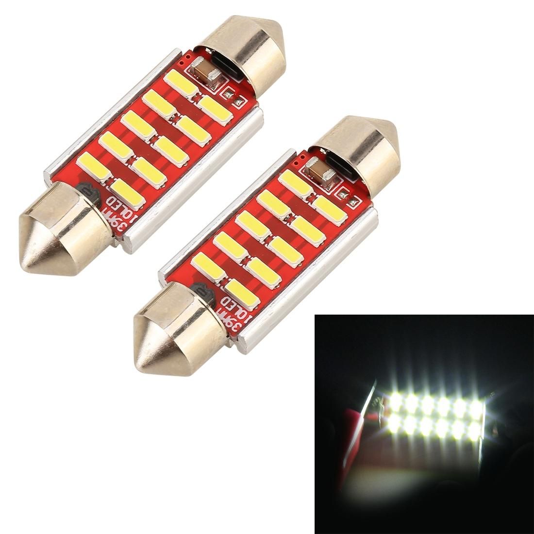 2 PCS DC 12V 2W 39MM 4014 Bicuspid Port No Decoding Car Dome Lamp LED Reading Light with 10 LED Lights (White Light)