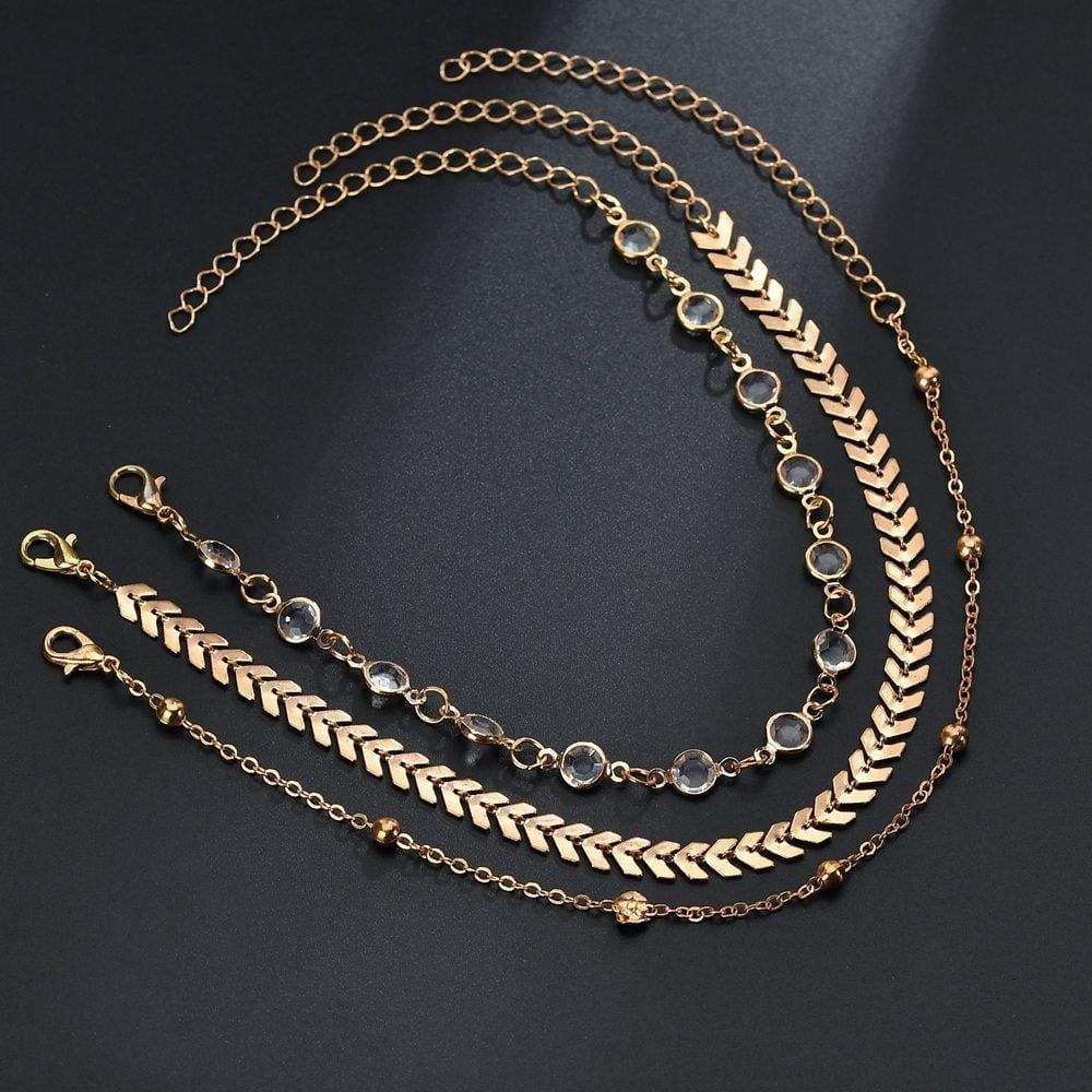 3 PCS/Set Antique Plated  Handmade Anklet Bracelet Crystal Anklet Set (Silver)