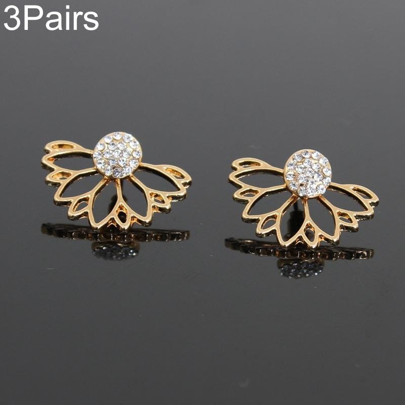 3 Pairs Hollow Lotus Shaped Diamond Stud Earrings (Gold)