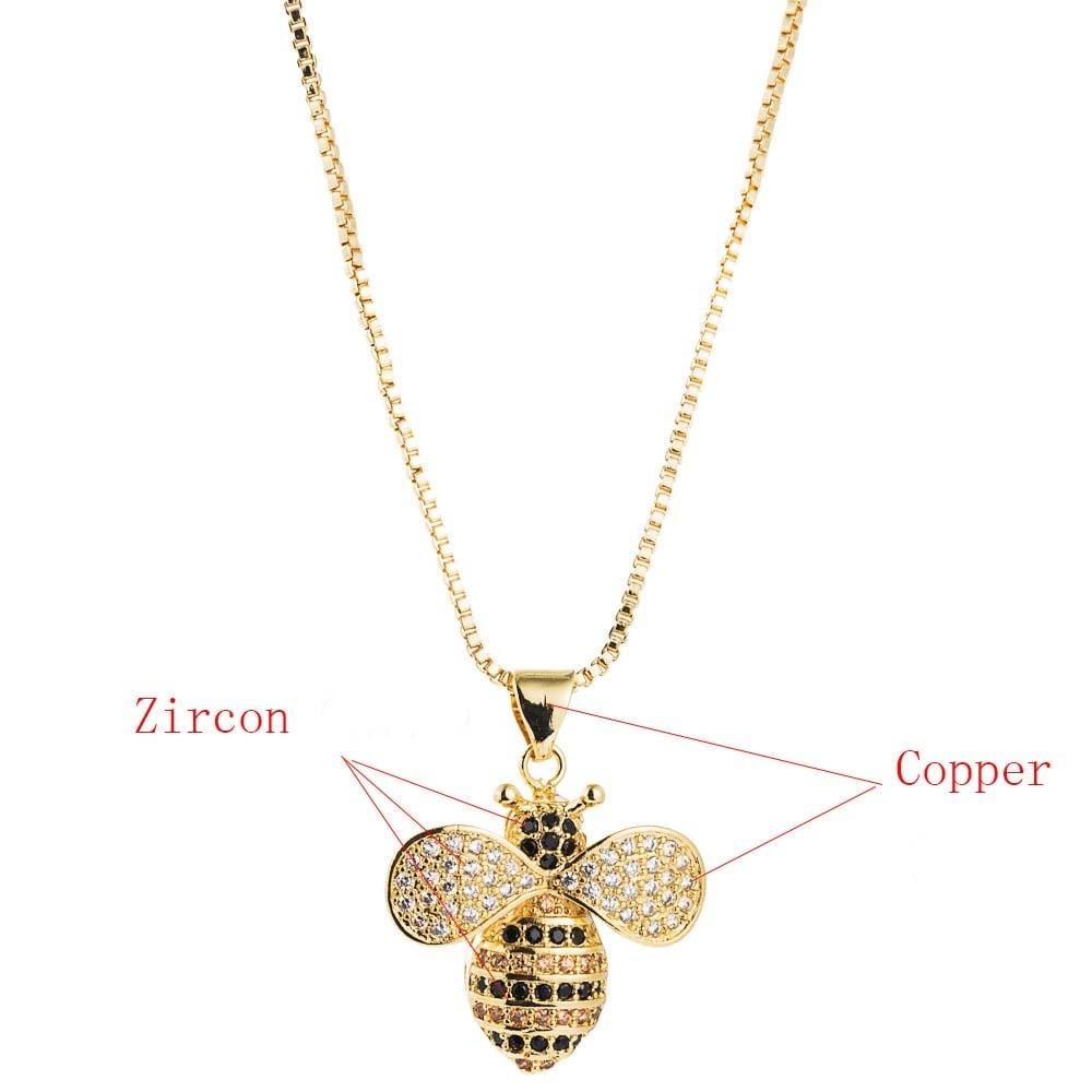 Simple Temperament Copper Micro-inlaid Colorful Zircon Pendant Bee Necklace (Black )