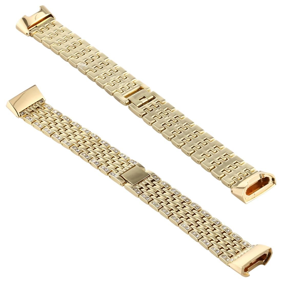 For Fitbit Charge 3 Diamond-studded Stainless Steel Replacement Wrist Strap Watchband (Gold)