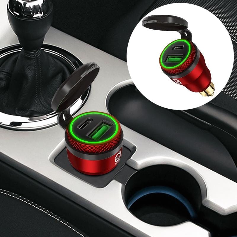 Motorcycle European-style Small-caliber Aluminum Alloy QC 3.0 + PD Fast Charge USB Charger, Shell Color:Red (Green Light)