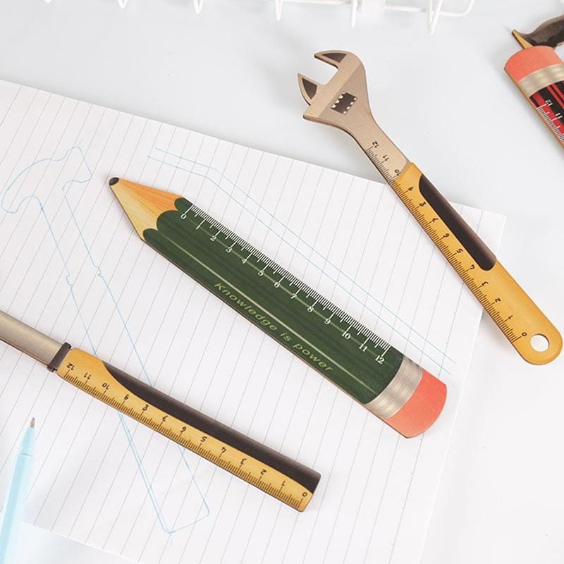 2 PCS Wooden Tool Cartoon Rule Creative Stationery School Supplies Children Gifts,Random Color Delivery Scale: 12 cm