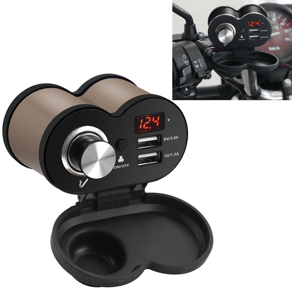 CS-834A1 Multi-function Motorcycle Waterproof Aluminium Alloy Mobile Phone Dual USB Charger Cigarette Lighter with Digital Display Switch (Gold)
