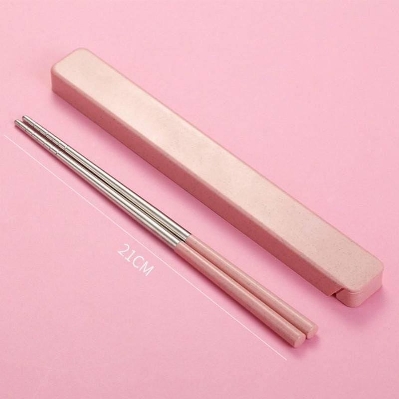 304 Stainless Steel Chopsticks + Wheat Straw Boxed Set Portable Takeaway Travel Tableware, Style:Pullout (Pink)