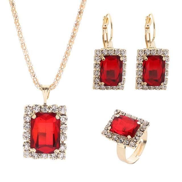 Square Crystal Necklace Earrings Ring For Women Jewelry Sets (White)