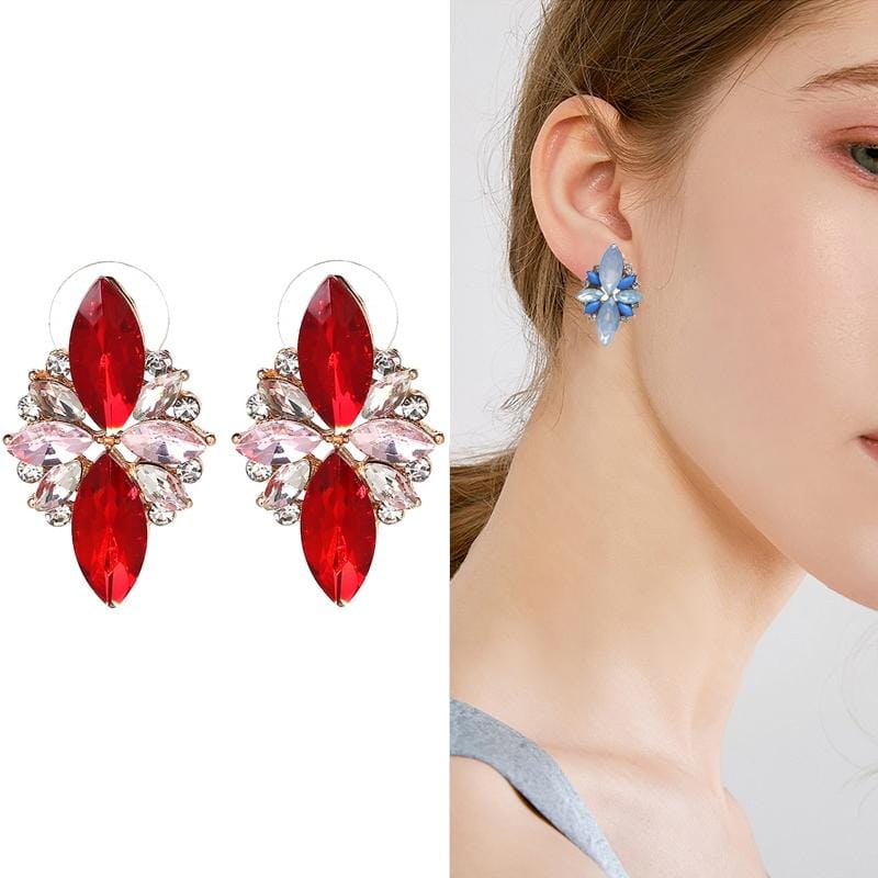 Five-leaf Petal Crystal Earrings Pink Diamond Earrings Simple Jewelry (red)