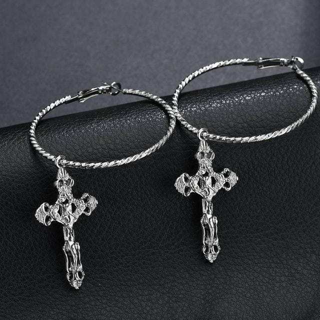 Punk Hyperbole Fashion Cross Pendant Big Circle Earring Jewelry (Silver )