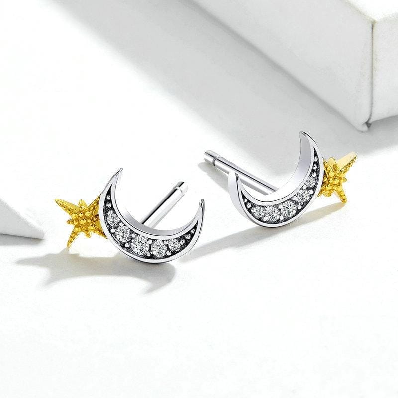 Gold-plated S925 Sterling Silver Star Moon Girls Earrings