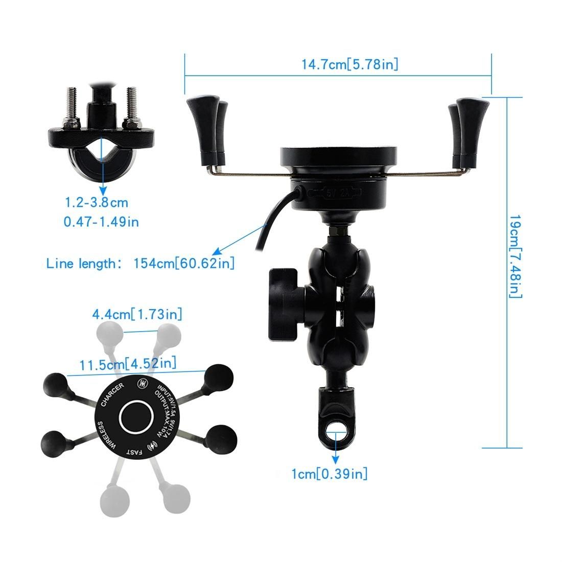 CS-878A1 Multi-function Motorcycle Wireless Wired Aluminum Alloy Mobile Phone Holder Charger (Black)