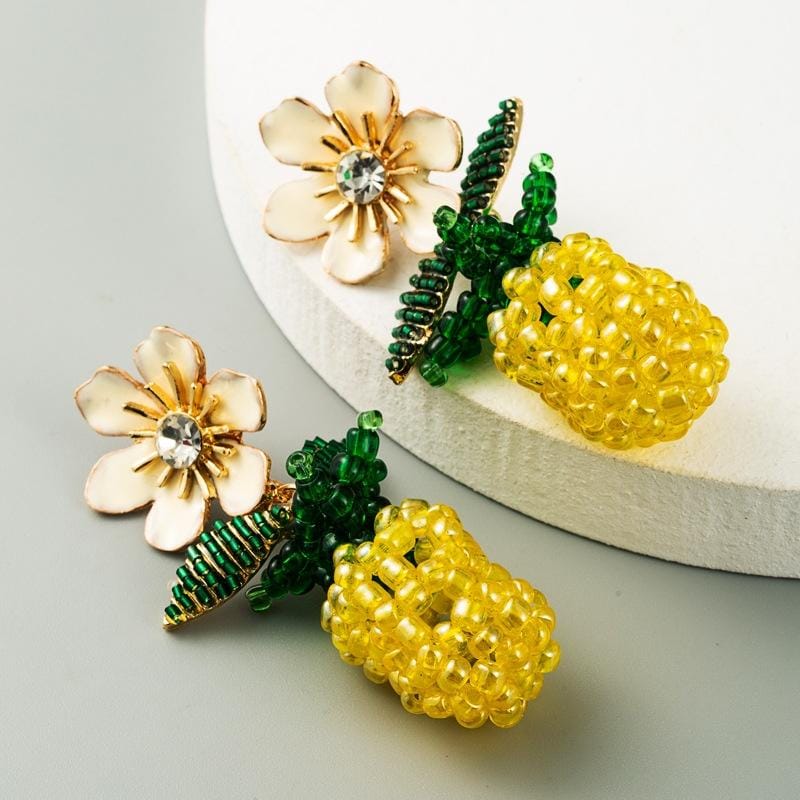 Hand-woven Flower Pineapple Earrings Pineapple Oil Drop Diamond Earrings