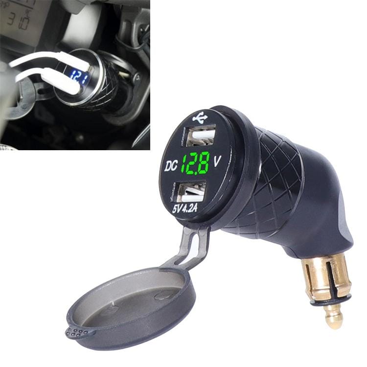 German EU Plug Special Motorcycle Elbow Charger Dual USB Voltmeter 4.2A Charger, Shell Color:Black (Green Light)