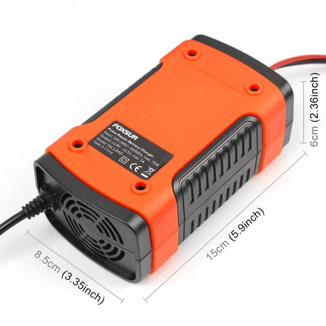 FOXSUR 12V 6A Intelligent Universal Battery Charger for Car Motorcycle, Length: 55cm, US Plug (Yellow)
