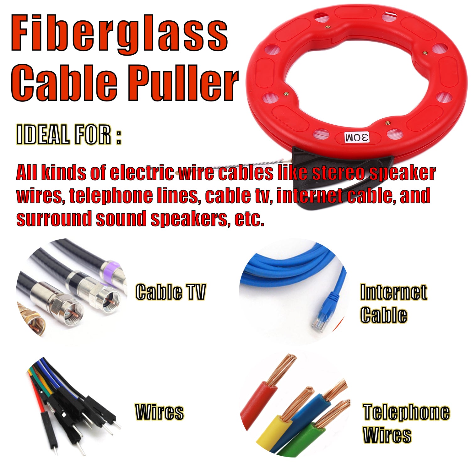 30M Fiberglass Fish Tape Reel Puller Conductive Electrical - 30M