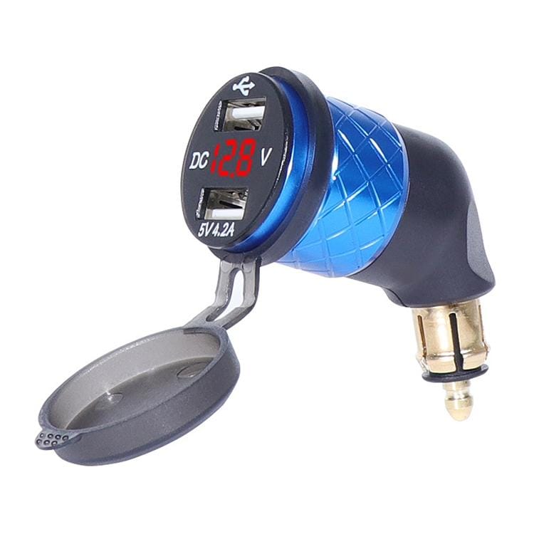 German EU Plug Special Motorcycle Elbow Charger Dual USB Voltmeter 4.2A Charger, Shell Color:Blue (Red Light)
