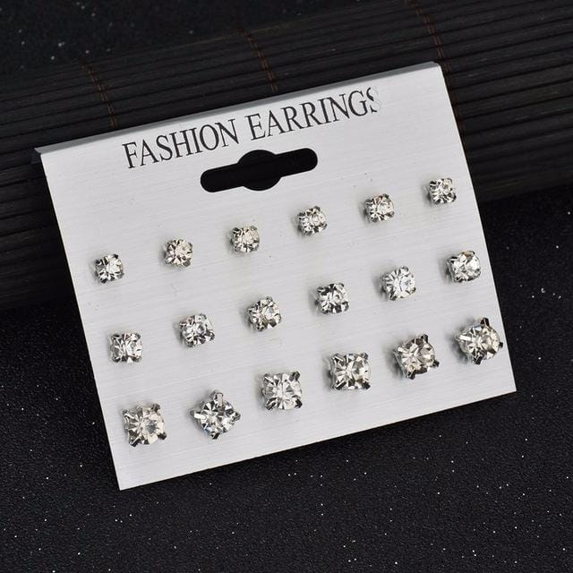 Square Crystal Stud Earrings Pearl Flower Earrings Set for Women (Silver Diamond)
