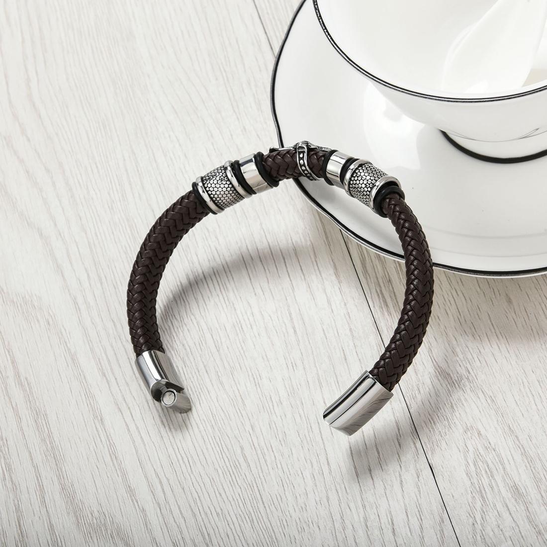 Multi-layer Handmade Leather Chain Weaved Man Stainless Steel Wristband Bracelets, Length:22cm (Brown)