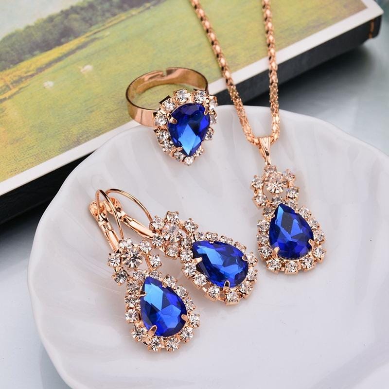 3 in 1 Gold Chain Water Drop Shape Crystal Earrings Necklace Adjustable Rings Set Women Jewelry Sets (Blue)