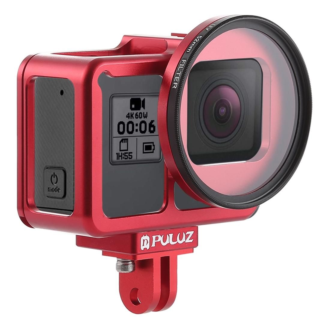 PULUZ Housing Shell CNC Aluminum Alloy Protective Cage with Insurance Frame & 52mm UV Lens for GoPro HERO7 Black /6 /5 (Red)