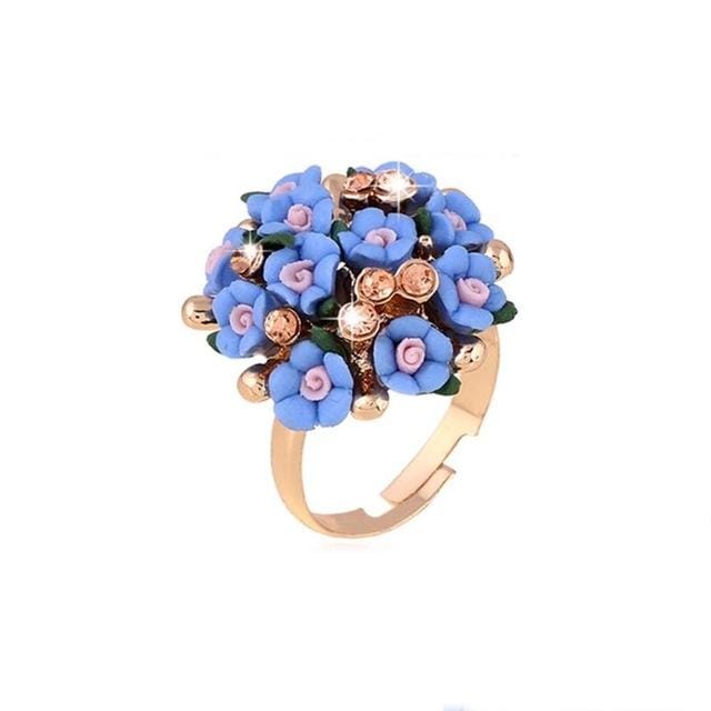 Fashion Ceramic Flower Ring for Women Adjustable Wedding Rings Jewelry (Blue)