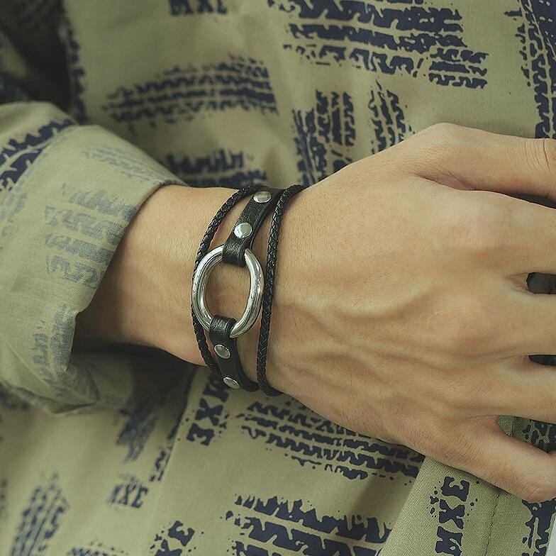 OPK 1398 Men Ring Titanium Steel Leather Bracelet Retro Multi-layer Woven Wristband, Color:Steel Color