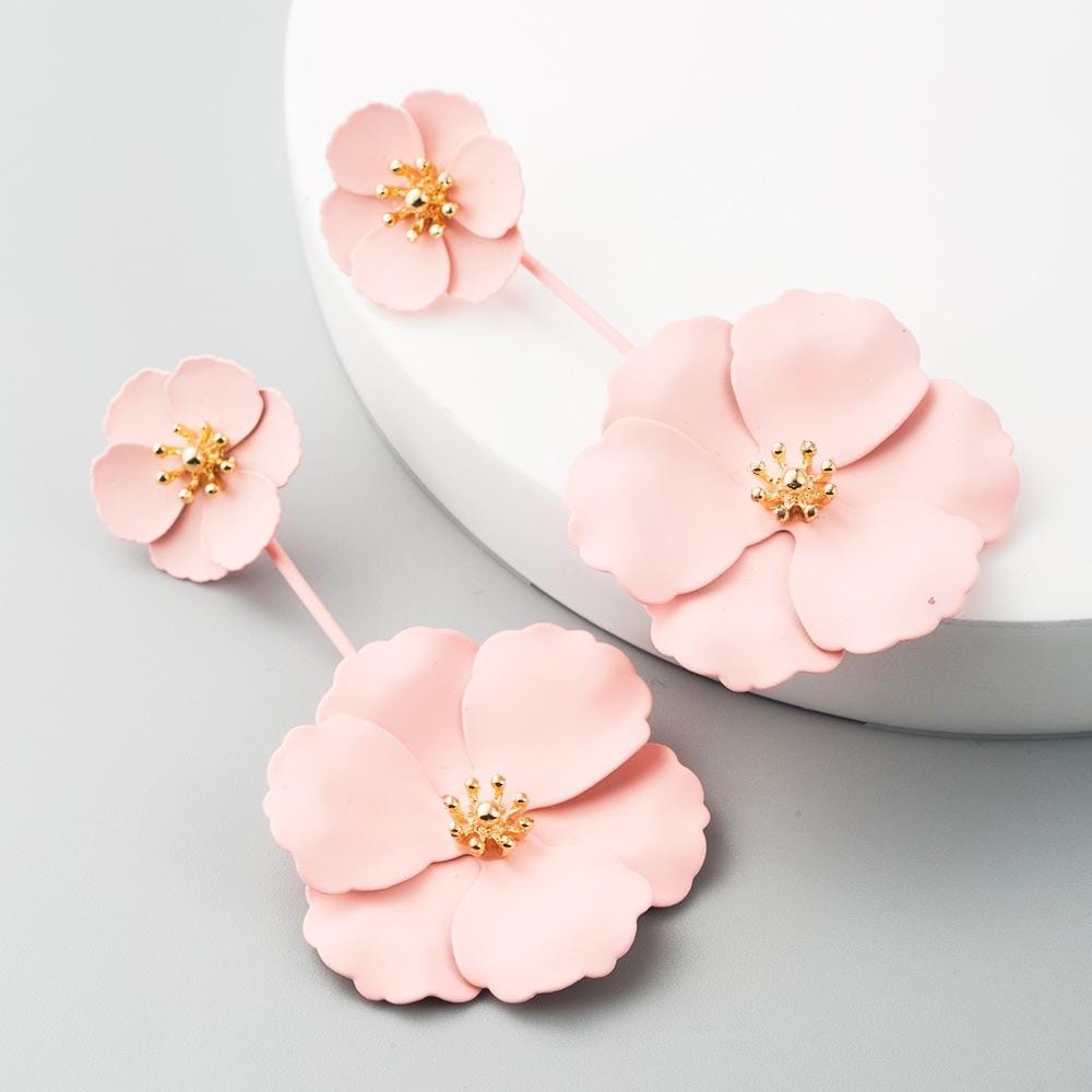 2 PCS Boho Style Earrings Alloy Flower Long Earrings (Pink)