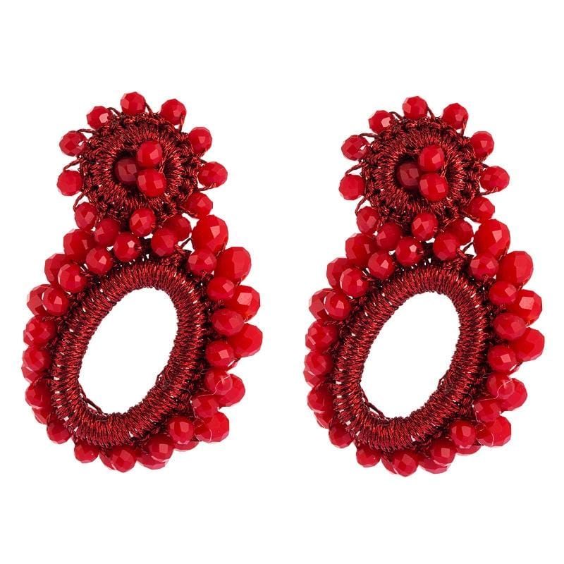 Hand-woven Bohemian Womens Earrings Hollow Oval String Rice Bead Earrings (Red)