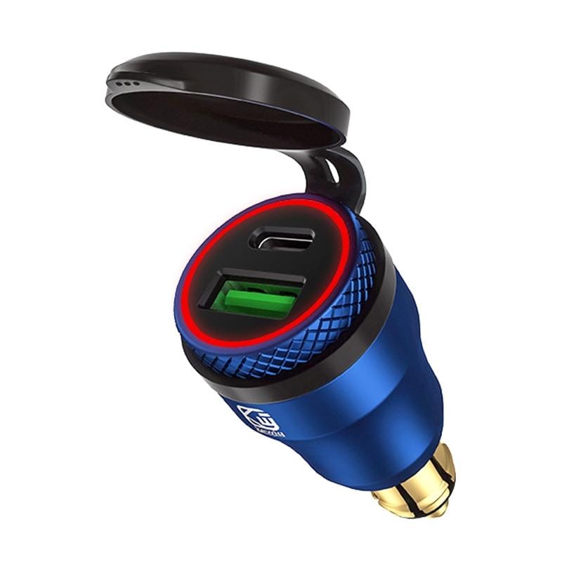 Motorcycle European-style Small-caliber Aluminum Alloy QC 3.0 + PD Fast Charge USB Charger, Shell Color:Blue (Red Light)
