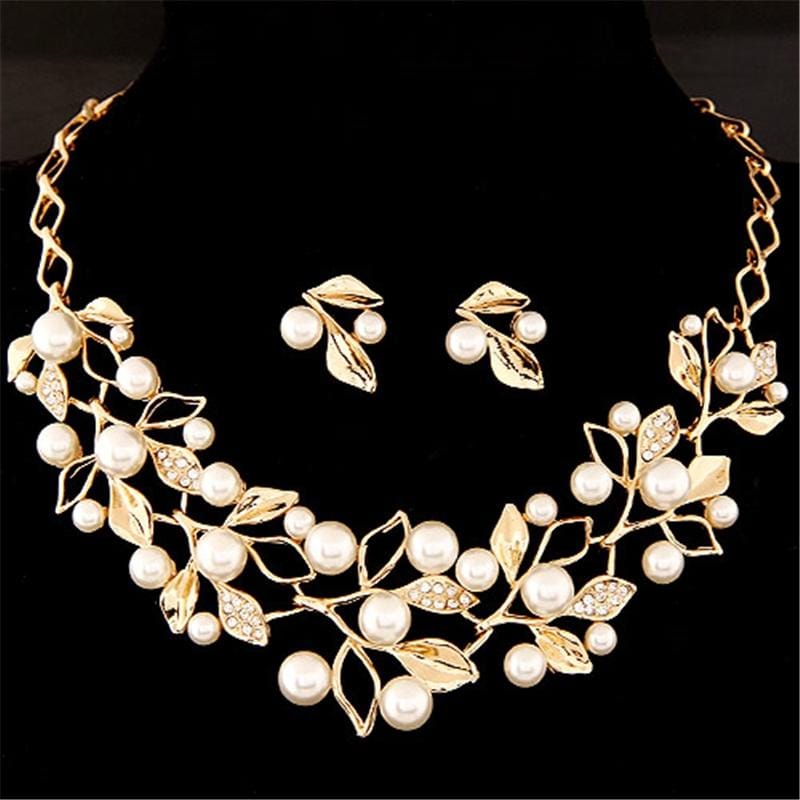 Leaf Crystal Simulated Pearl Wedding Jewelry Necklaces Earrings Sets (Silver)