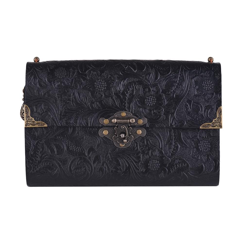 Embossed Pattern Soft Leather Travel Leather Notebook Diary Notepad with Lock & Key (Black)