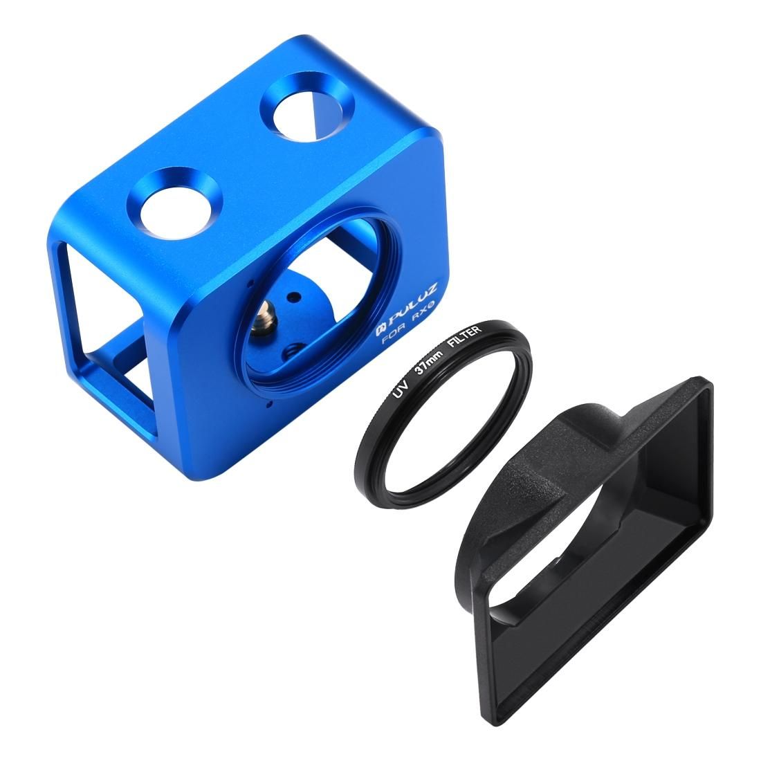 PULUZ for Sony RX0 Aluminum Alloy Protective Cage + 37mm UV Filter Lens + Lens Sunshade with Screws and Screwdrivers (Blue)