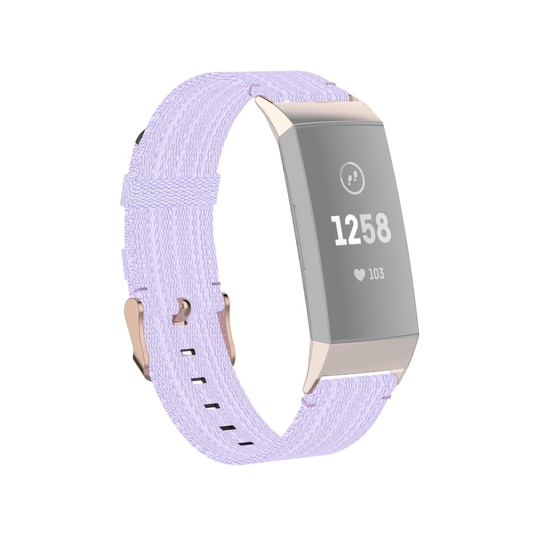 For Fitbit Charge 4 / Charge 3 / Charge 3 SE Stainless Steel Head Grain Nylon Denim Replacement Strap Watchband (Light Purple)