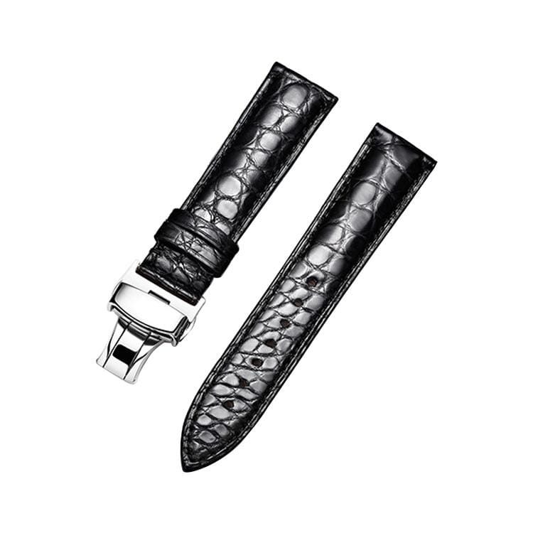 Round Texture Butterfly Buckle Crocodile Leather Strap Watchband, Size: 22mm (Black)