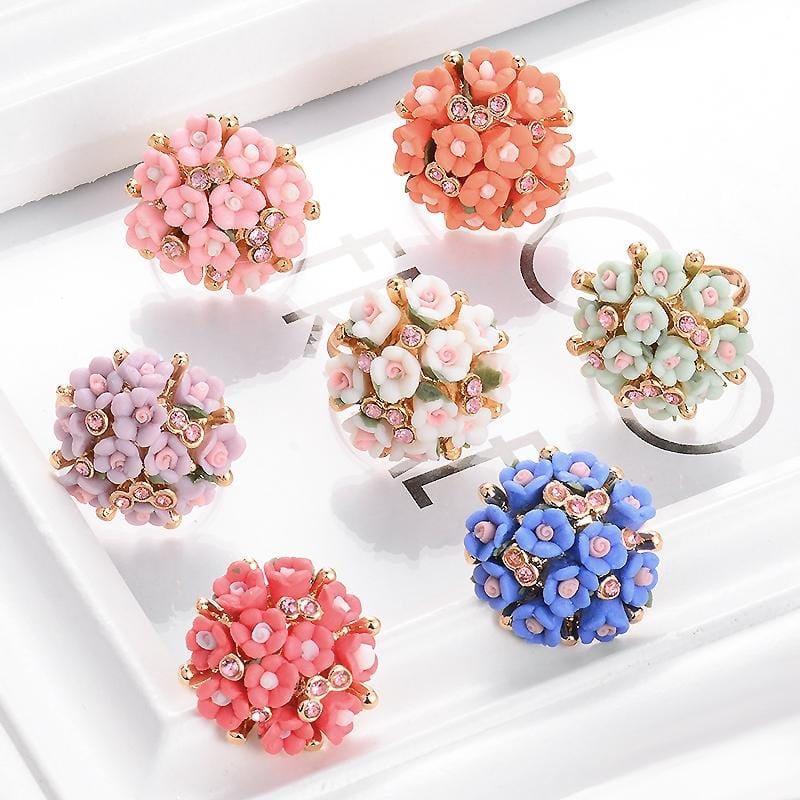 Fashion Ceramic Flower Ring for Women Adjustable Wedding Rings Jewelry (Red)