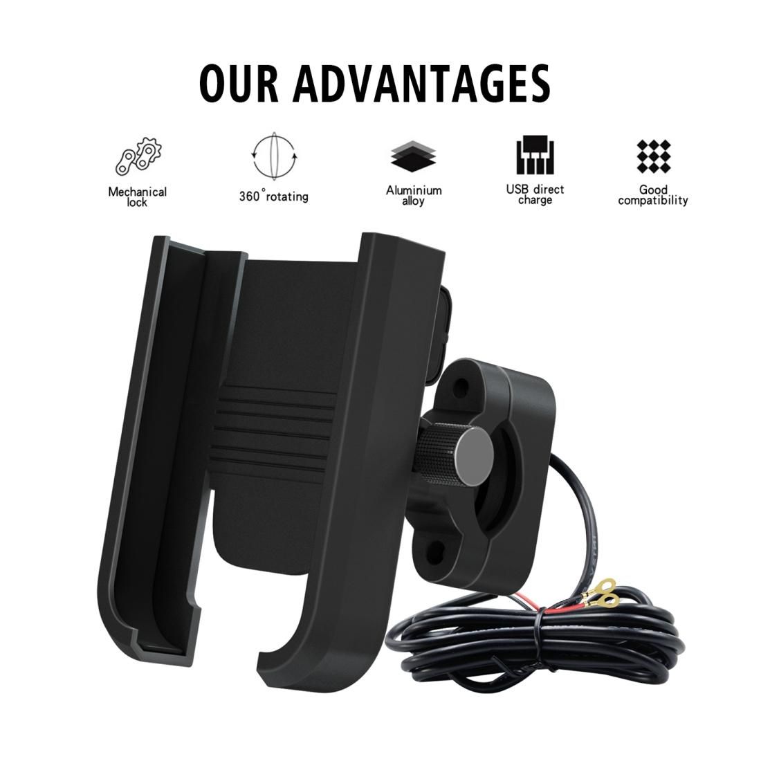 CS-1068C1 Motorcycle Aluminum Alloy Mobile Phone Holder Bracket with Charging Function, Handlebar Version (Black)
