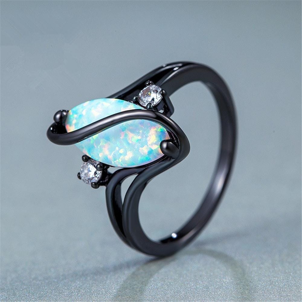 S Shape Opal Stone Black Color Rings Fashion Jewelry For Women, Ring Size:6 (Black)
