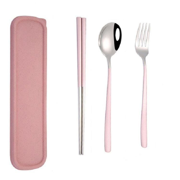 4 PCS / Set Portable Stainless Steel Tableware Creative Set Chopsticks Spoon Fork Gift, Color:Pink