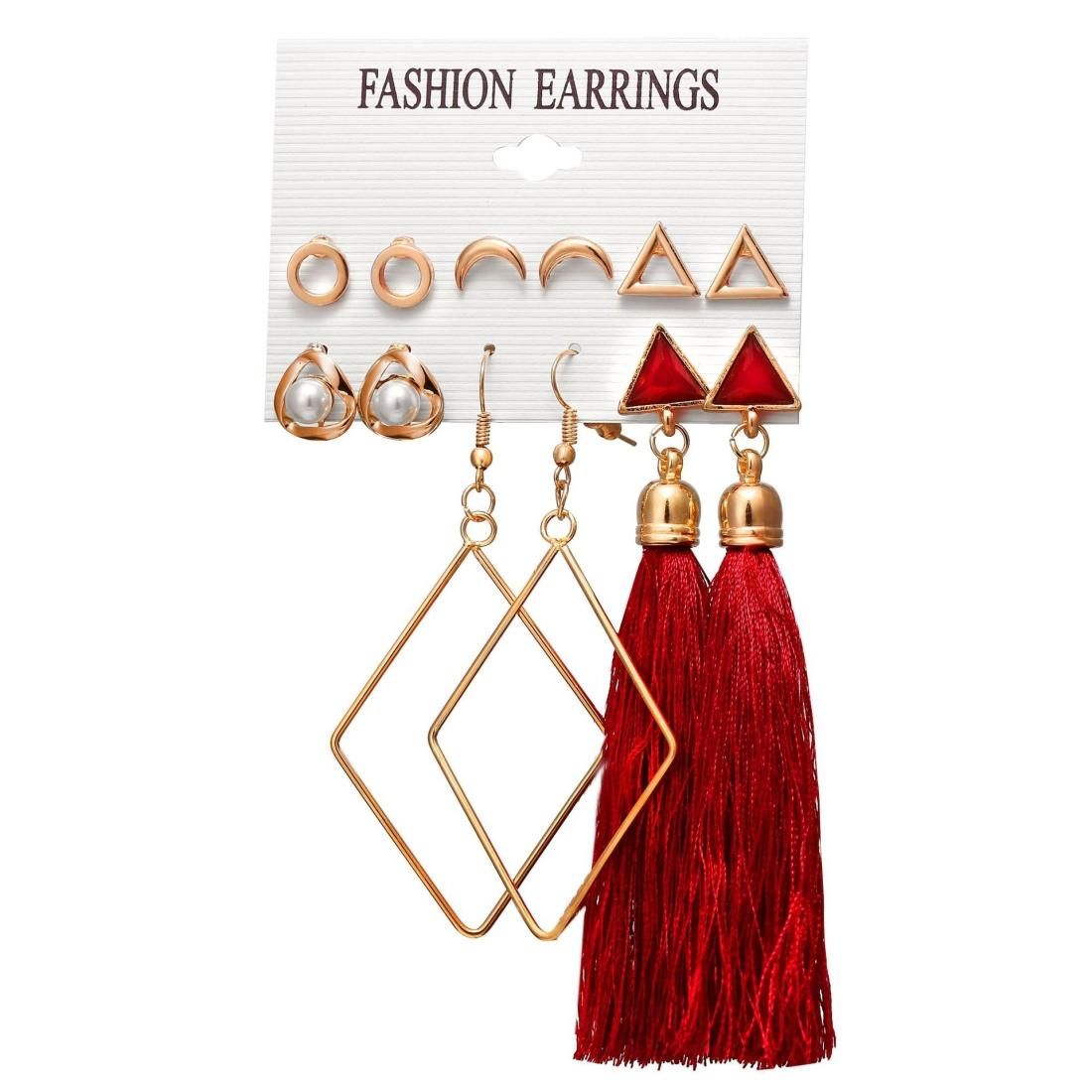 Women Long Tassel Stud Earrings Set Bohemian Flower Heart Earring (B11-02-05)