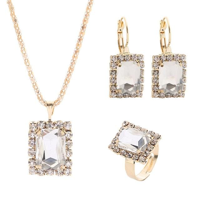 Square Crystal Necklace Earrings Ring For Women Jewelry Sets (White)
