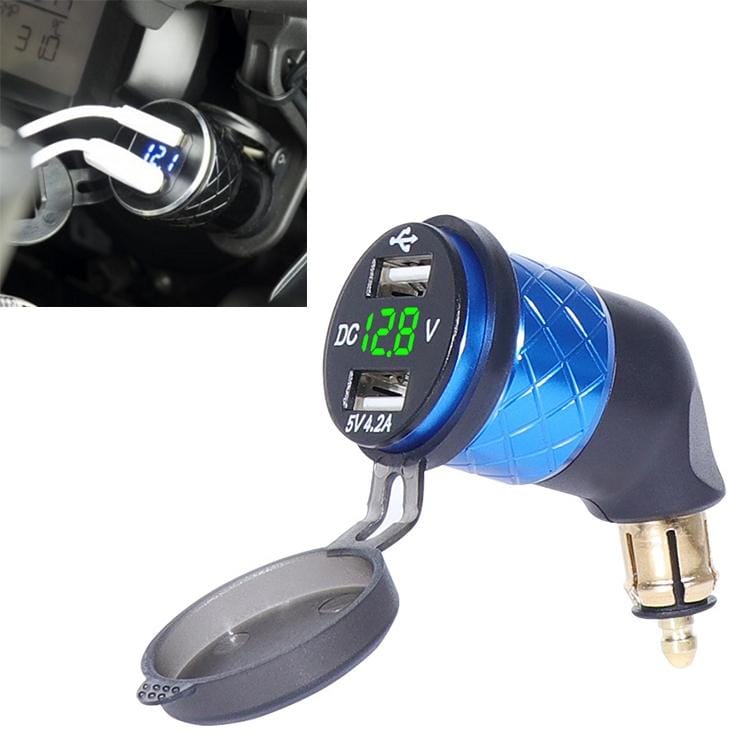 German EU Plug Special Motorcycle Elbow Charger Dual USB Voltmeter 4.2A Charger, Shell Color:Blue (Green Light)