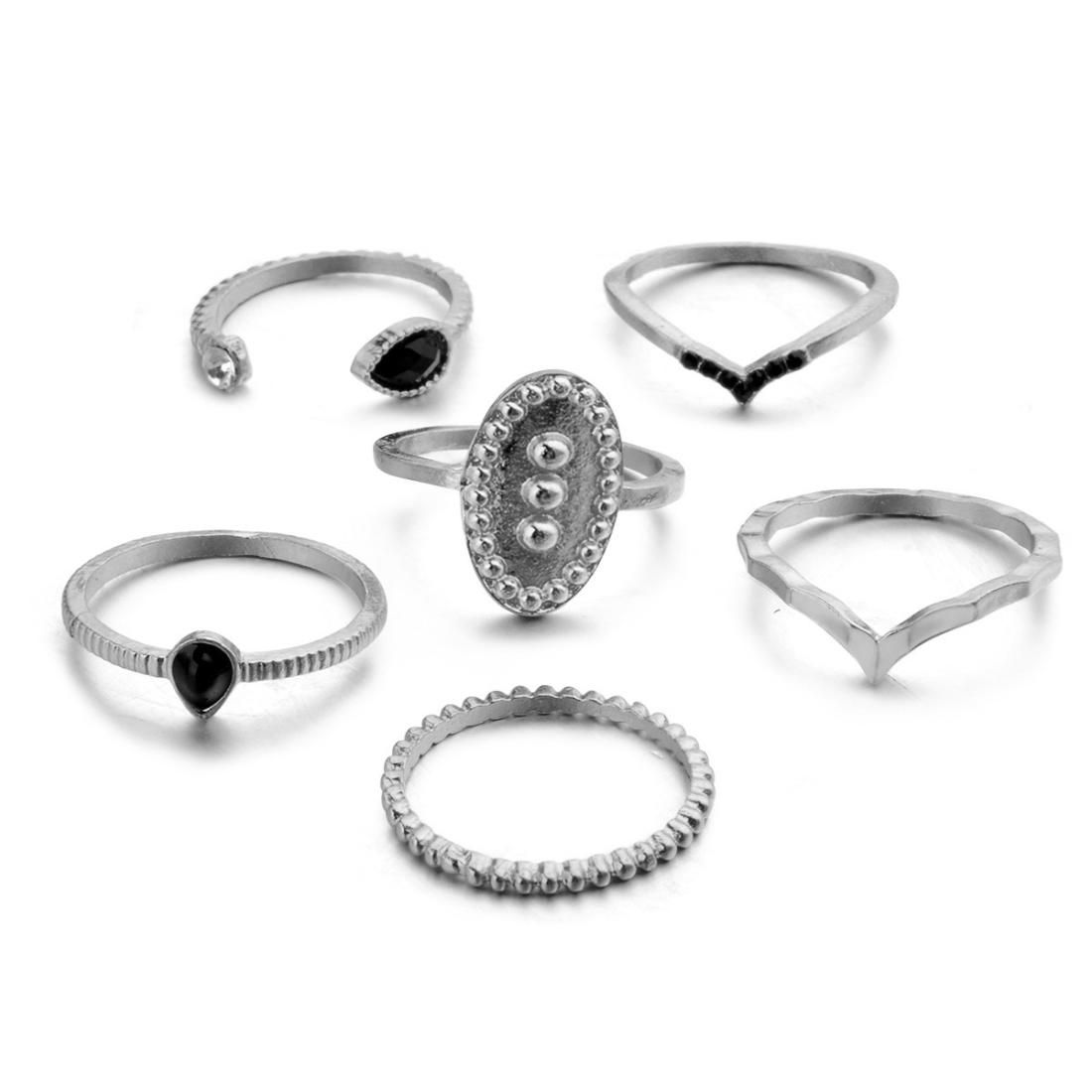 6 PCS Women Bohemian Simple Fashion Embossing Waterdrop With Diamond Rings Set Jewelry (Silver)