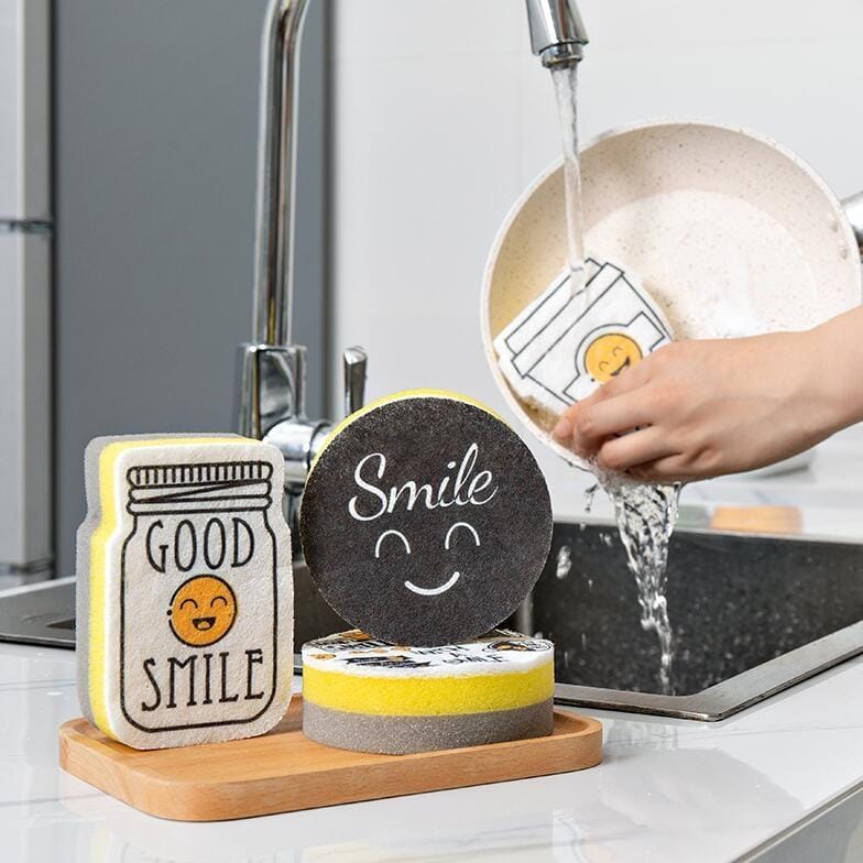 4 PCS/Set Cartoon Smiley Dishwashing Sponge Wipe Kitchen Double-sided Scouring Pad, Style:Sponge Wipe