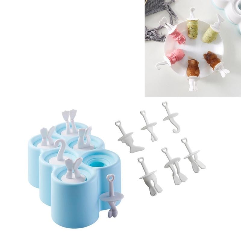 Creative Cartoon Feet Shape Silicone Ice Cube Mold Set Household Frozen Ice Lattice Refrigerator Square Plastic Ice DIY Food Supplement Box with Lid, Style:With 6 Handles (Light Blue)