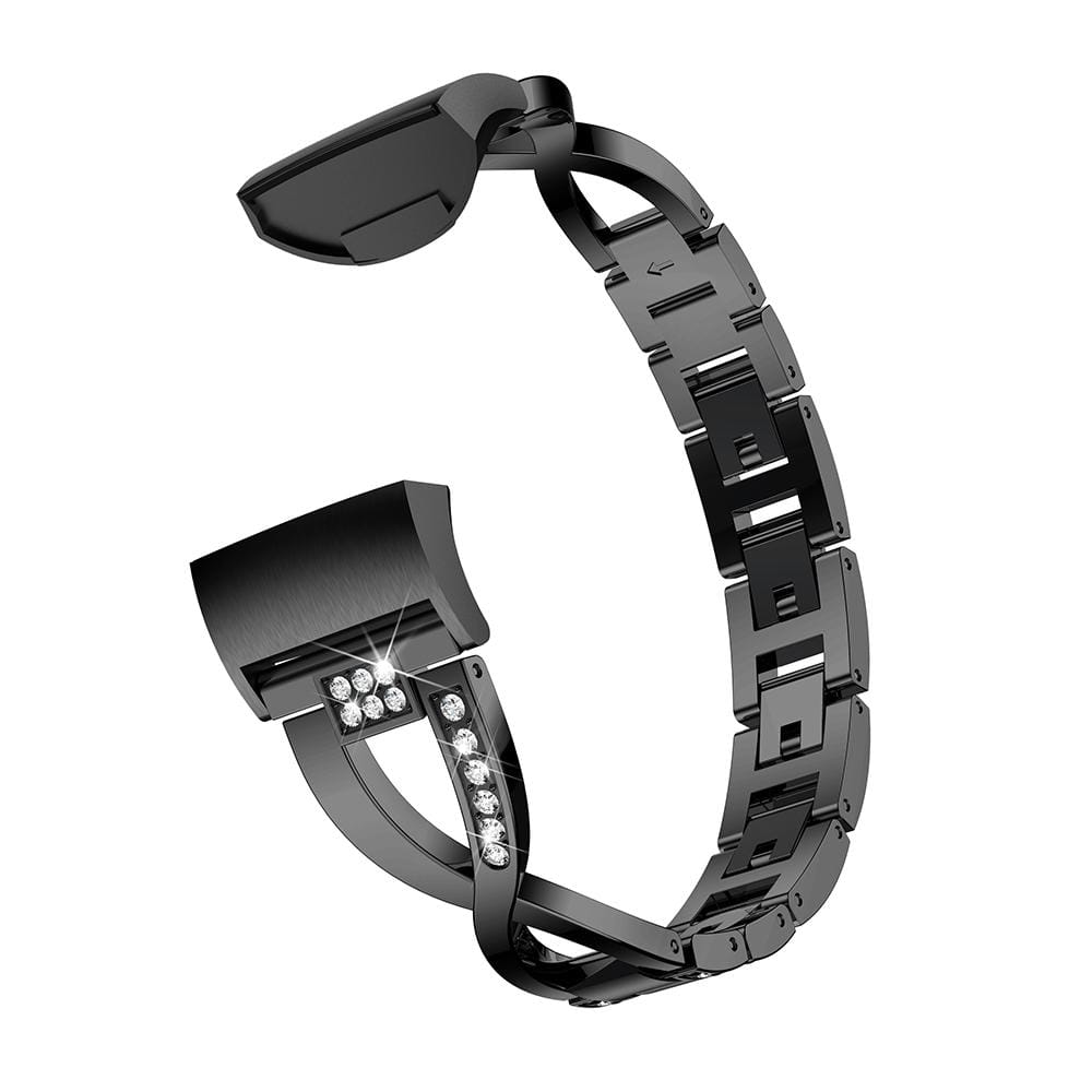 X-shaped Diamond-studded Metal Steel Wrist Strap Watch Band for Fitbit Charge 3 (Black)