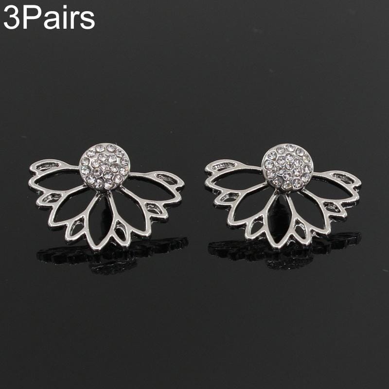 3 Pairs Hollow Lotus Shaped Diamond Stud Earrings (Silver)