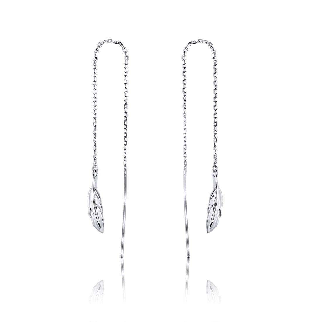 Feather Ear Line Sterling Silver Long Earrings Platinum Plated Simple Girl Earrings