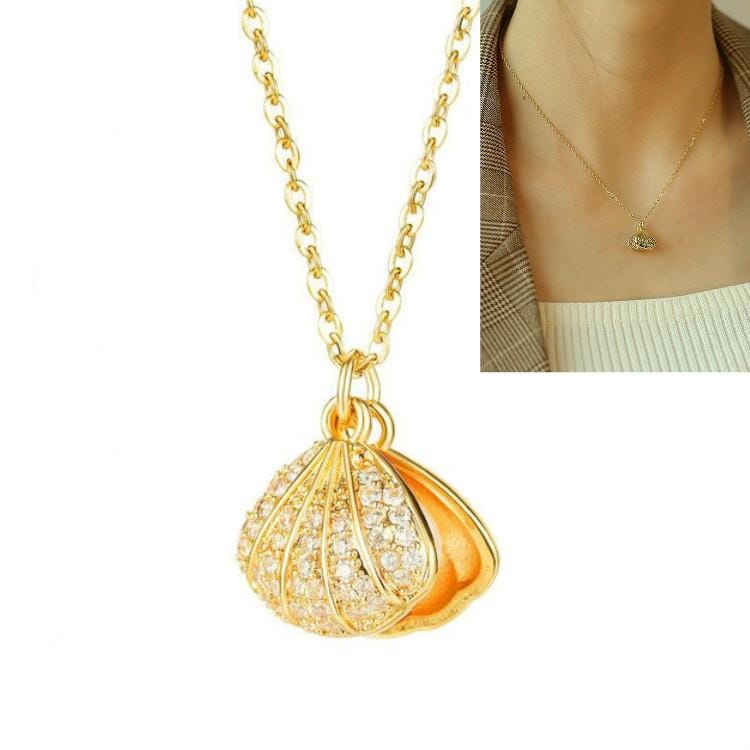 OPK 003 Diamond Shell Pearl Necklace Fan-shaped Pendant Clavicle Chain (Gold)