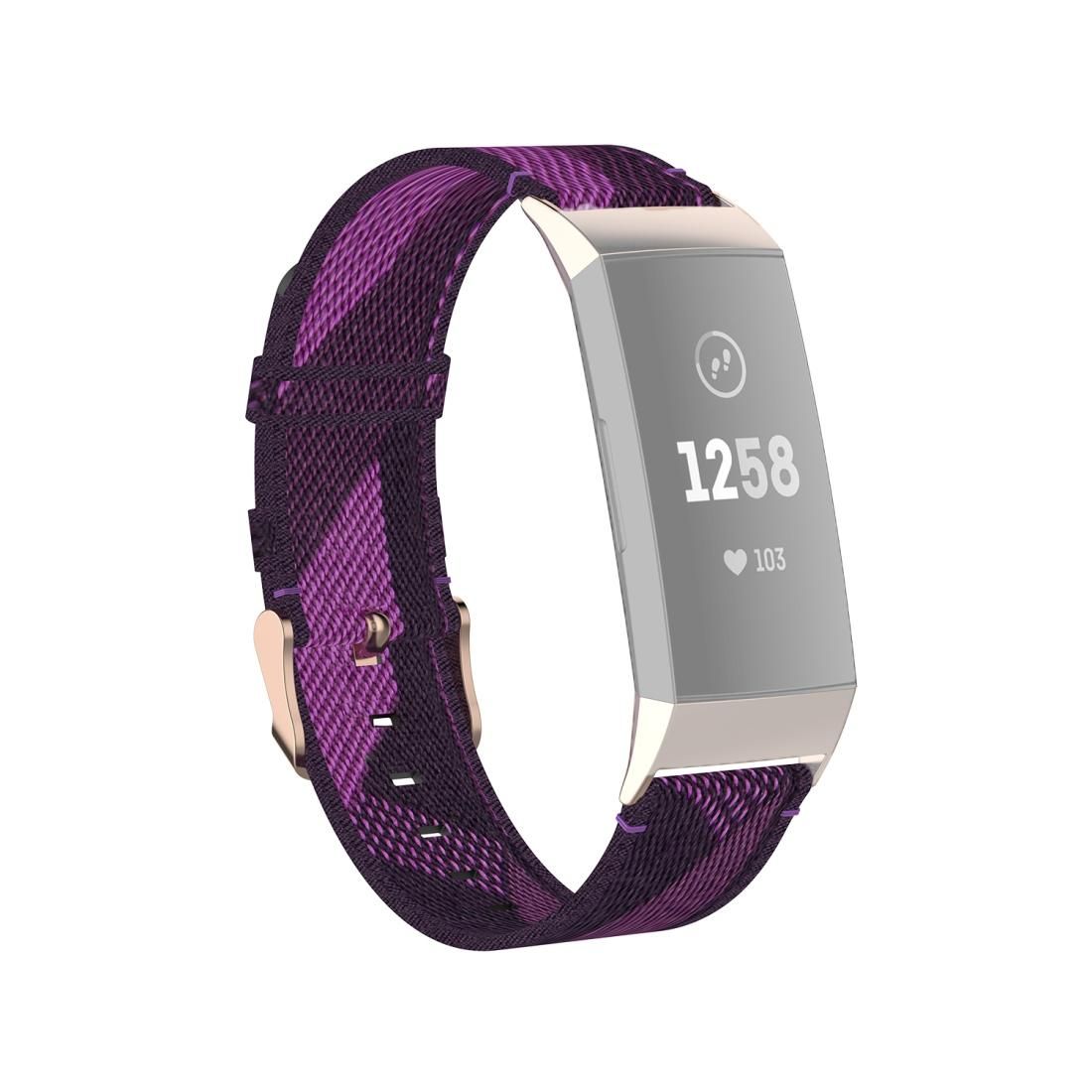For Fitbit Charge 4 / Charge 3 / Charge 3 SE Stainless Steel Head Grain Nylon Denim Replacement Strap Watchband (Purple Stripe)