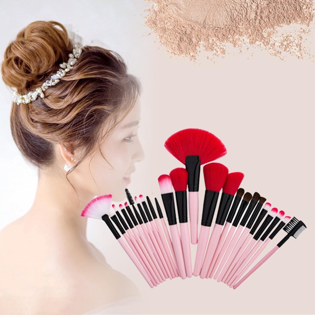 24 in 1 Wood Handle Makeup Brush Cosmetic Foundation Cream Powder Blush Makeup Tool Set (Pink)